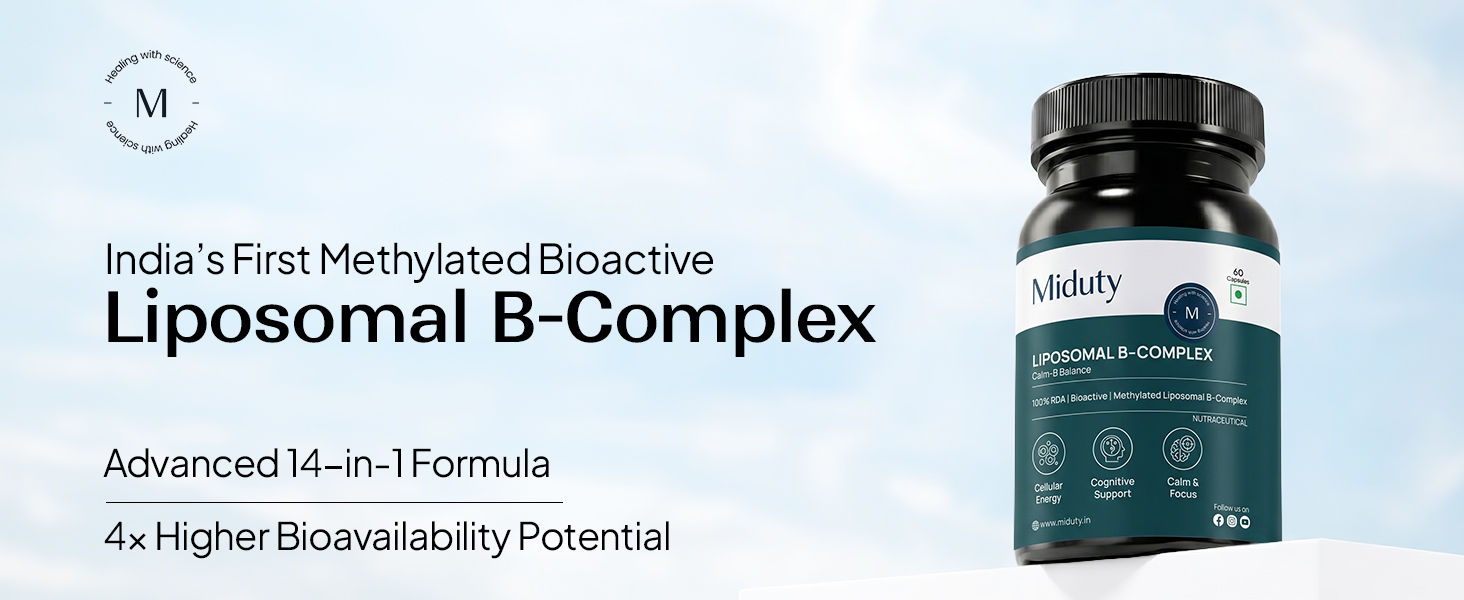 Miduty Liposomal B-Complex | Methylated Vitamin B-Complex with 8 Bioactive B-Vitamins, Quatrefolic, Choline, ALA, KSM-66, Mg & L-Theanine | Daily Energy, Stress & Focus Support for Men & Women | 60 Veg Caps