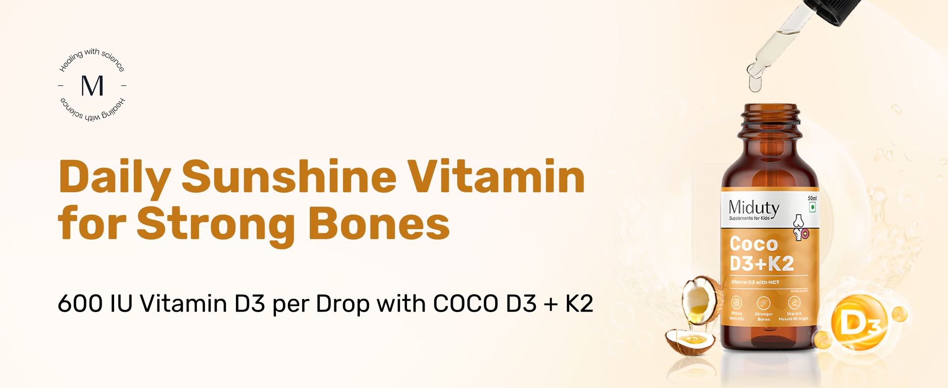 Miduty Coco D3 + K2 Vitamin D3 Drops for Babies & Kids | 600 IU D3 with MK-7 (K2) | Cholecalciferol + MK-7 for Stronger Bones, Teeth, Joints & Immunity | 50 ml