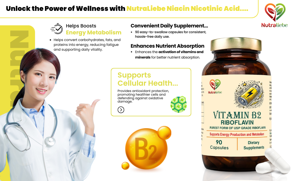 Vitamin B2 Riboflavin - High Potency, Supports Energy Metabolism & Cellular Health, 90 Capsules
