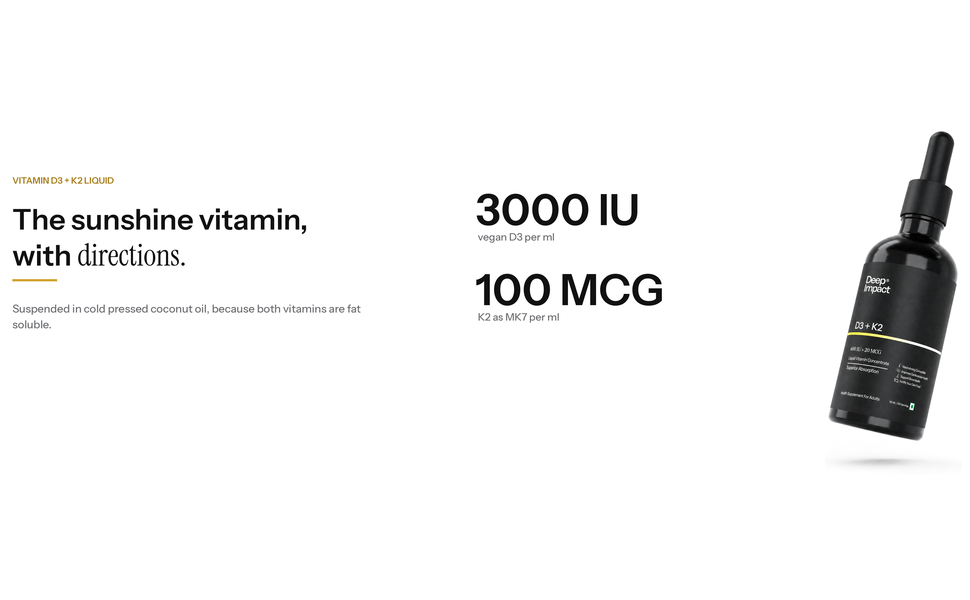 Deep Impact Vitamin D3 K2 Liquid Drops 3000 IU/1 ml Vegan, 30 ml