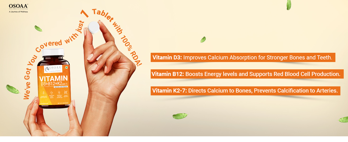 OSOAA Vitamin D3 K2 MK7 Supplement - 120 Tablets | Vitamin D3 (600 IU) | Promotes Calcium Absorption, Bone Health, Muscle Strength & Immunity | Plant Based Vitamin D3- Lichen Source