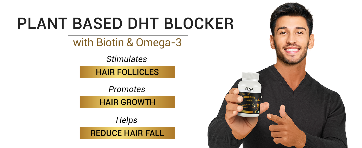 SESA Ayurvedic Hair Vitamins Biotin Tablets DHT Blocker 60 Capsules - Plant based Gluten free Nutrients With Omega-3 & Flaxseeds | Controls Hair Fall & Stimulates Follicles | 100% Veg