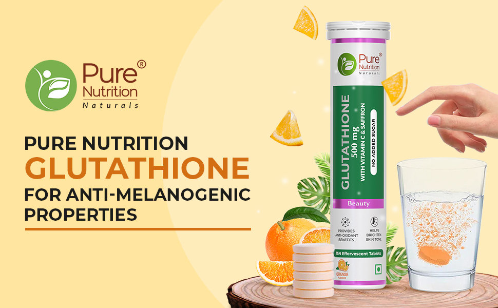 Pure Nutrition L-Glutathione 500mg 15 Effervescent Tablets for Men & Women | With Vitamin C & Saffron | Anti-Aging Antioxidants for Glowing & Clear Skin | Supports Skin Brightening, Detox & Immunity | Orange Flavour