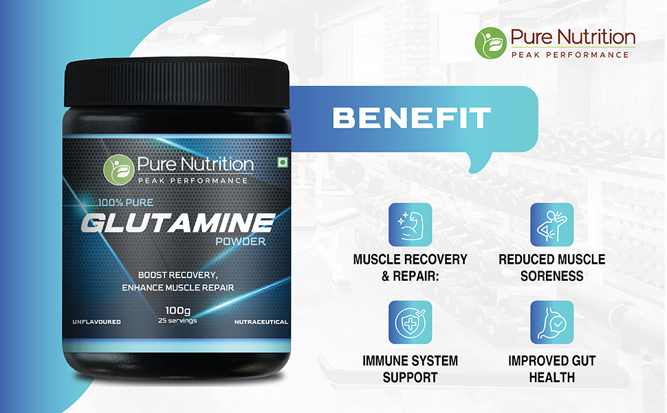 Pure nutrition Glutamine Powder 100g | Post Workout Supplement Amino Acid for Muscle Growth & Recovery | Unflavoured | 25mg serving