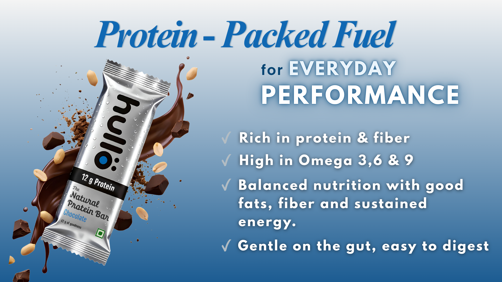 Hullo The Natural Protein Bar | High Fiber & Rich in Omega 3, 6, and 9 | Healthy Snack for Gym, Office & Travel | Dairy Free, Soy Free & Non Ultra Processed (Pack of 6, Chocolate)