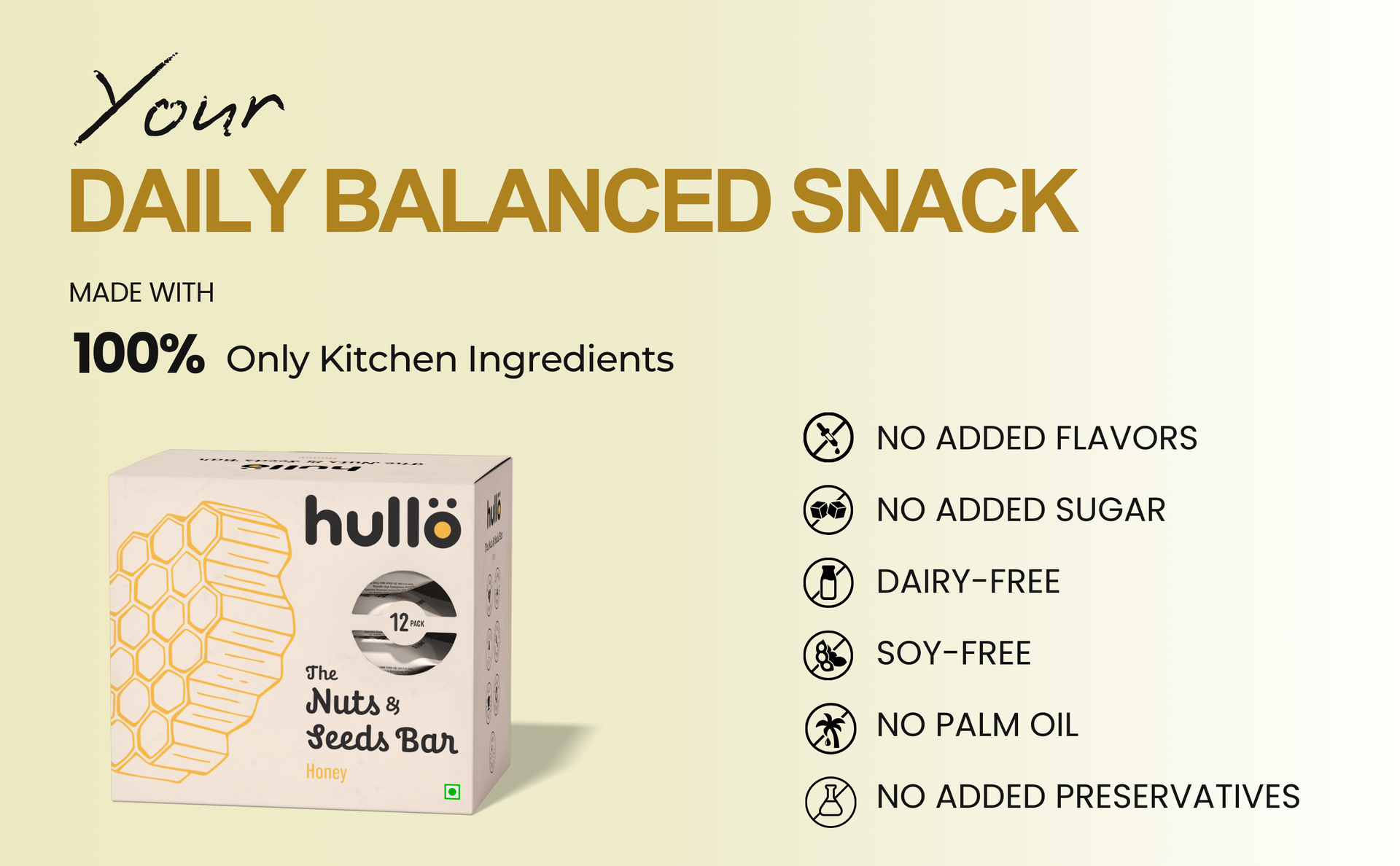 Hullo Nuts & Seeds Bar - Honey (12 x 30g Pack) | Dairy Free, Nutrient Rich & Balanced Snack Bars for Kids & Adults | Nutrition Bars No Added Sugar & No Preservatives