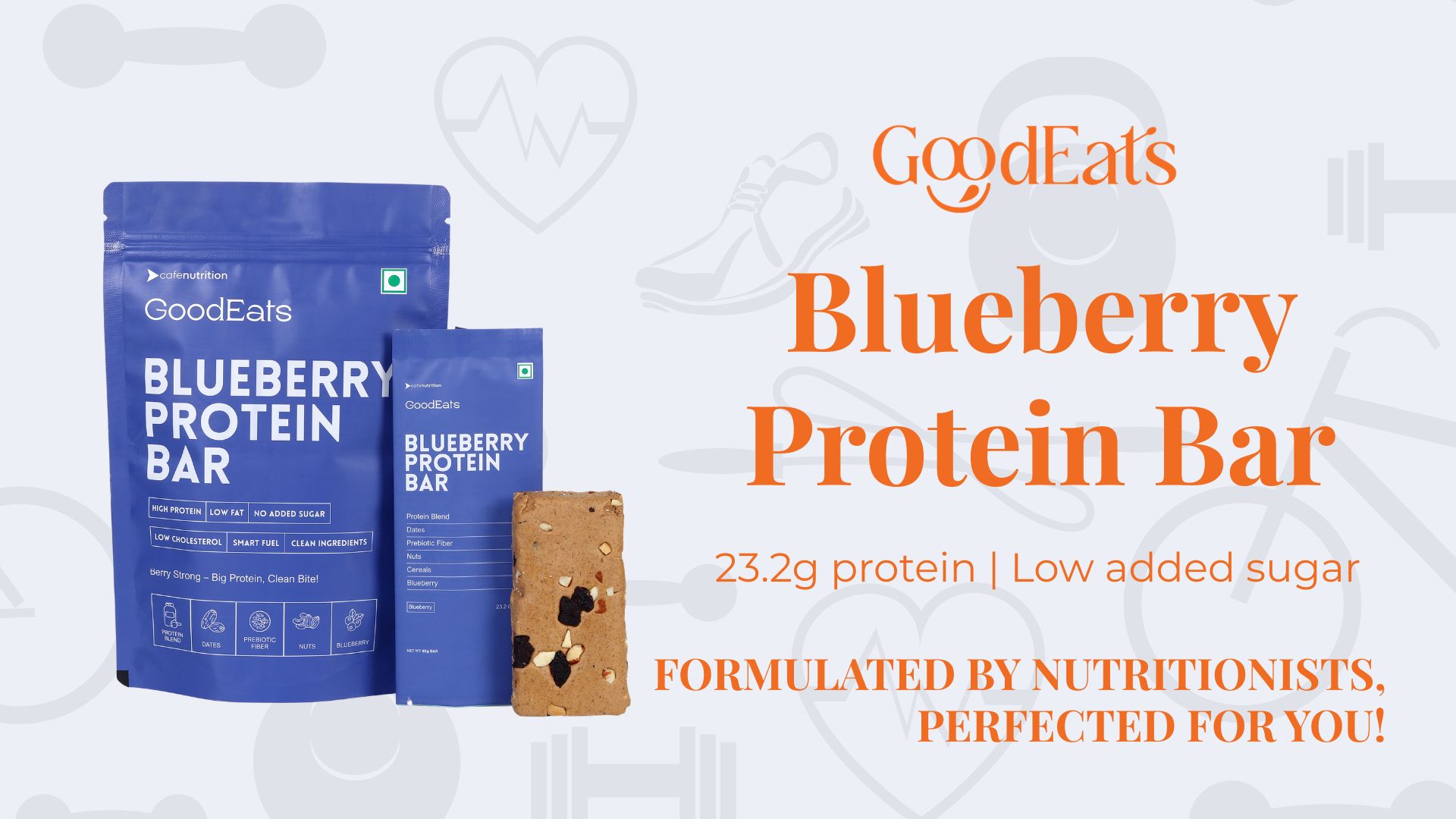 GoodEats Blueberry Protein Bar | Protein Blend (Soya Isolate + Whey Concentrate) | 23.1g Protein (Per 65g) | Naturally Occuring Sugars, Maximum Impact | Dates + Nuts | With Prebiotic Fiber | 65g x 4