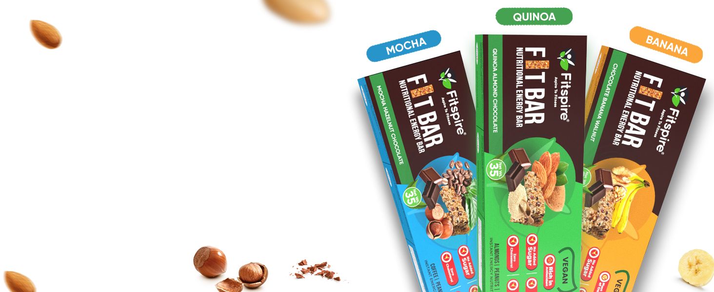 Fitspire Energy Bar Variety Pack 3 x 35g - Quinoa Almond, Mocha Hazelnut and Banana Walnut - Crunchy Granola with Oats, Nuts and Seeds - High Protein and Fiber - Plant-Based Vegan Bar