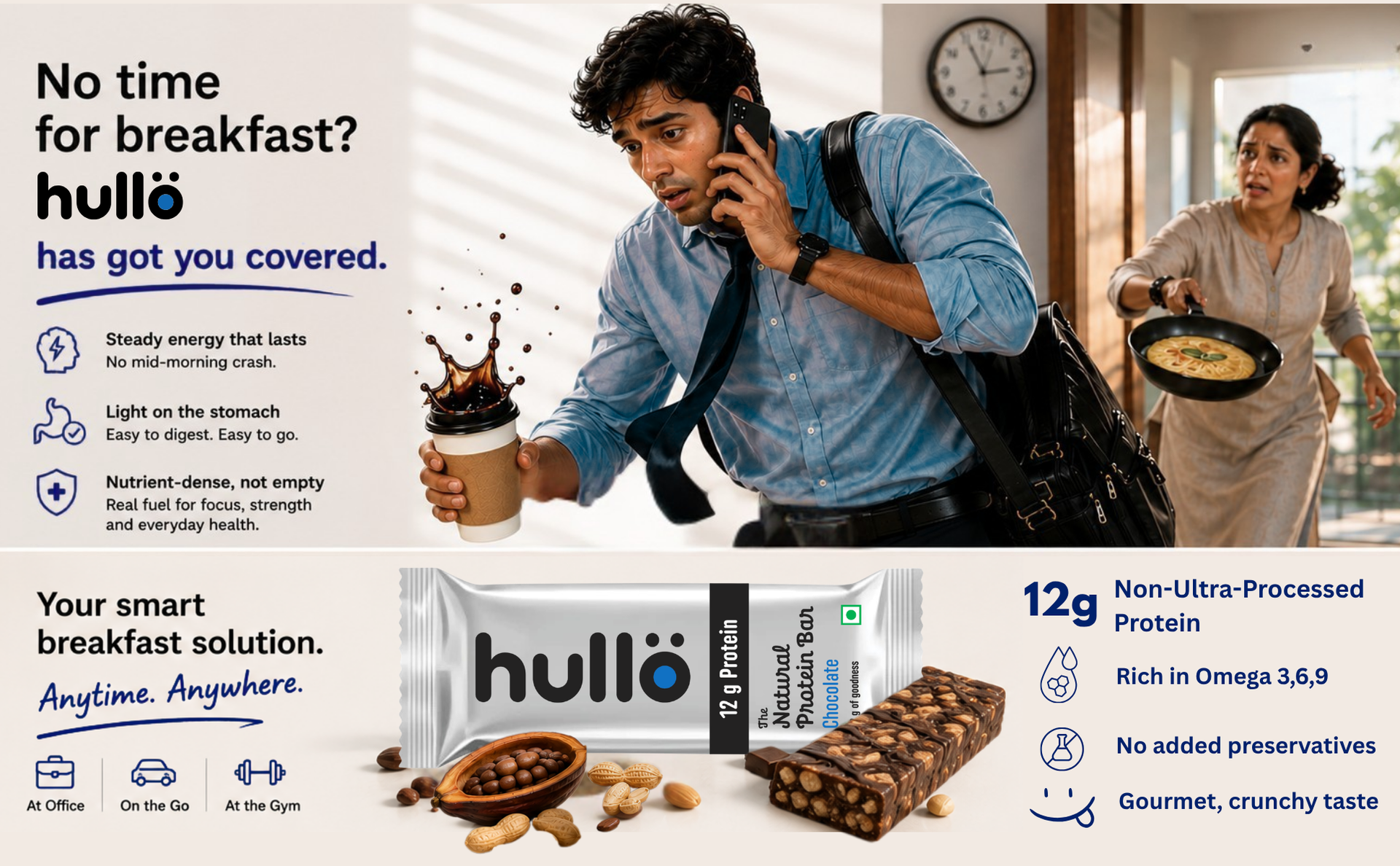 Hullo The Natural Protein Bar | High Fiber & Rich in Omega 3, 6, and 9 | Healthy Snack for Gym, Office & Travel | Dairy Free, Soy Free & Non Ultra Processed (Pack of 24, Chocolate)