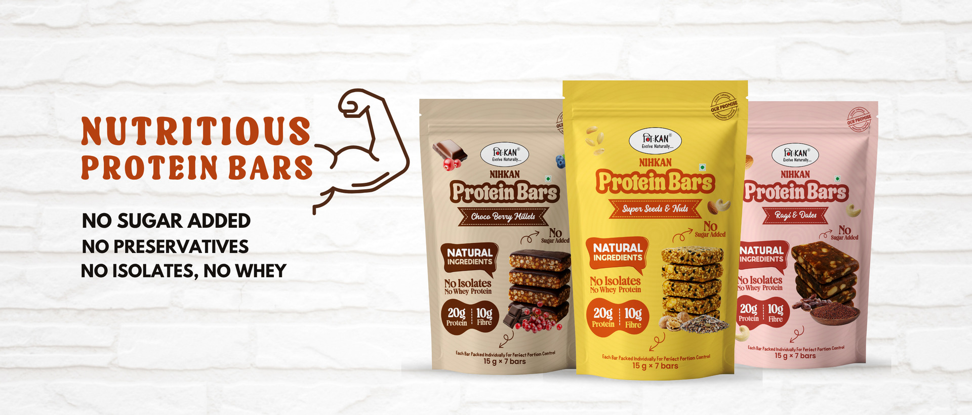 NIHKAN Ragi & Dates Protein Mini Bars | Gluten Free, Sugar-Free, Preservatives Free, Natural Ingredients Energy bar | 20g Protein Pack | 15 g x 7 bites