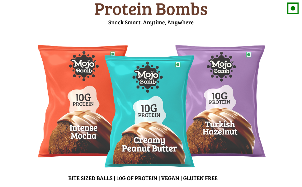 Mojo Bar Protein Bombs Variety Pack | Peanut Butter, Hazelnut & Mocha | Daily Protein Snack | 10g Protein | Pack of 6 x 40g Protein Balls | Vegan, Gluten Free & No Preservatives