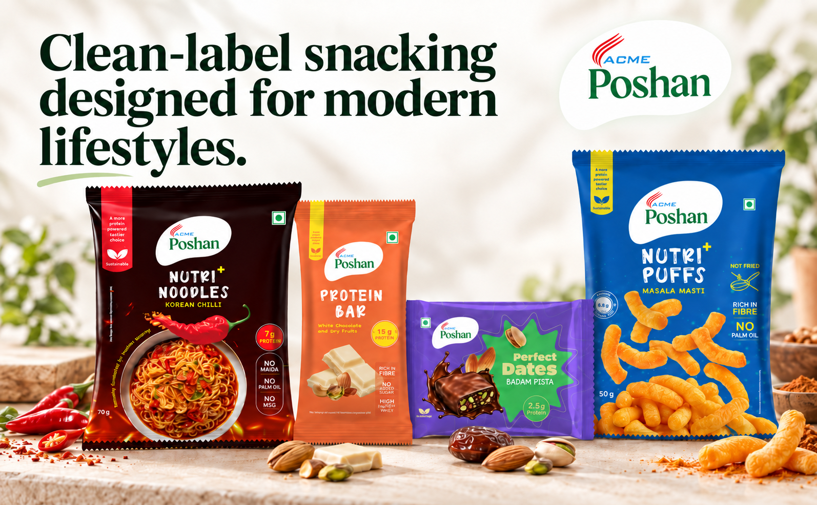 ACME Poshan Snack Variety Pack, Perfect Dates Mango of 3, Nutri+ Noodles Indian Masala, Nutri+ Puffs Masala Masti, No Palm Oil, High Protein Healthy Snacks Combo