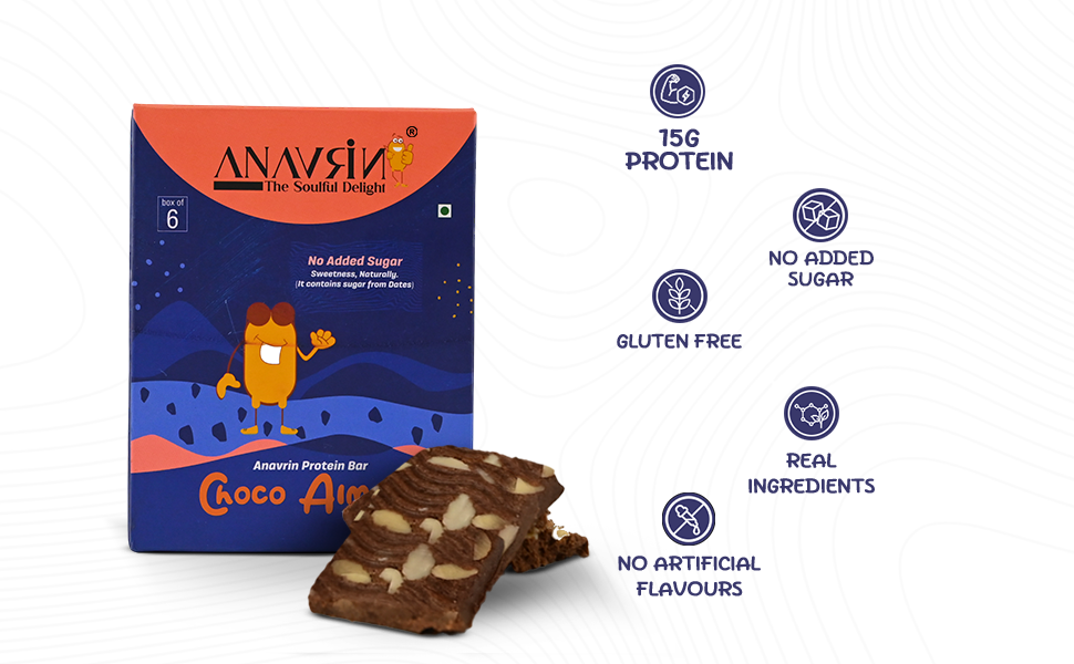 ANAVRIN Choco Almond Protein Bar - 15g Protein, 5g Fibre with Goodness of Dates (6 Bars x 50gm) No Added Sugar, No Soy, No Preservatives Gluten Free Energy Bar, Healthy Snack