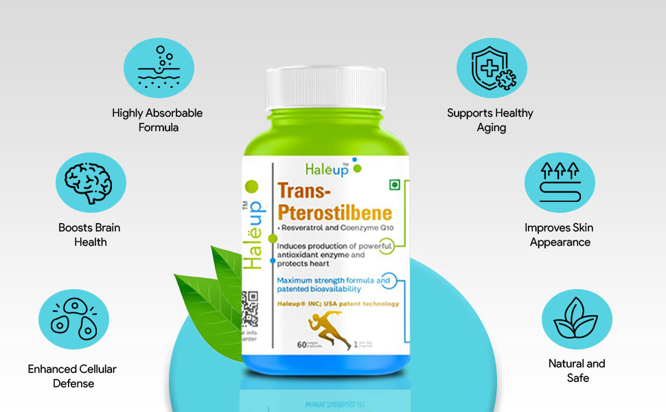 Haleup 99% Pure Trans-Pterostilbene with Resveratrol | Potent Antioxidant | High Bioavailability | Promotes Healthy Ageing | Skin Health (1 pack X 60s count)