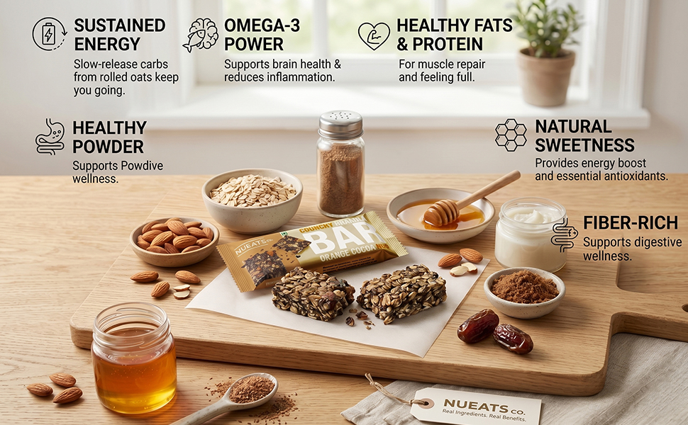 NUEATS co. Crunchy Granola Bar Orange Cocoa Nut Nutritious Oats & Almond Snack Bar Delicious Cocoa Energy Snack for Daily Nutrition Pack of 3