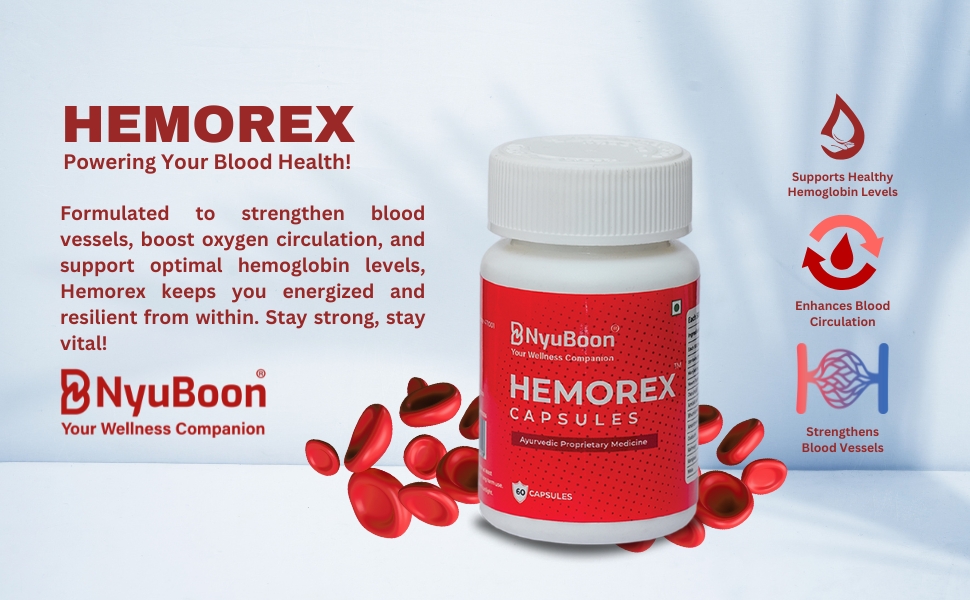 Hemorex Capsules - Ayurvedic Supplement for Blood Circulation, Cardiovascular Health & Energy Boost | Reduces Fatigue | Supports Healthy Oxygen Flow | 60 Capsules