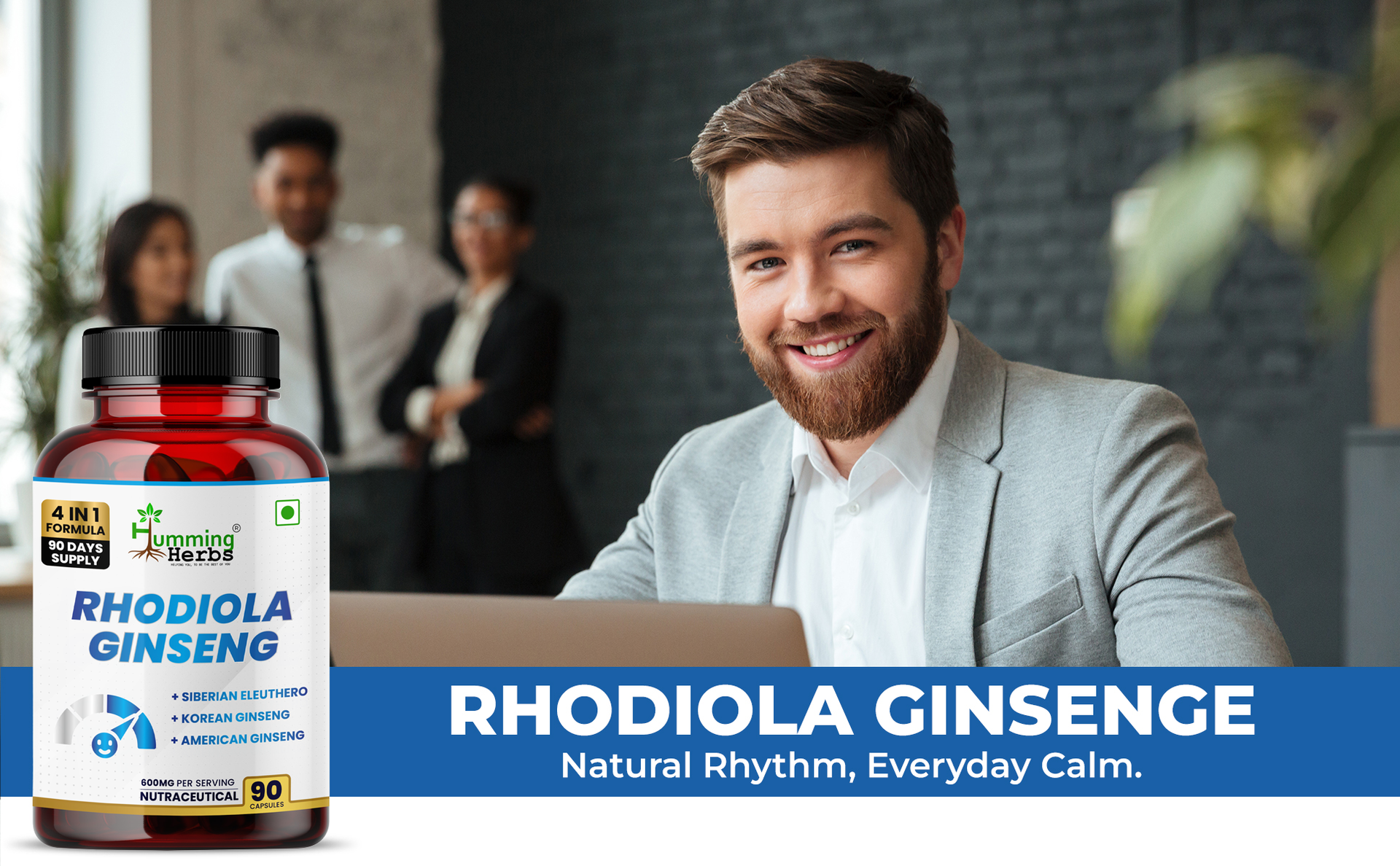 Humming Herbs Rhodiola Rosea | 4in1 | 90 Caps | 1900mg Eq | with Red Korean, Siberian and American Ginseng Root Extract | Stress and Anxiety Relief Supplements