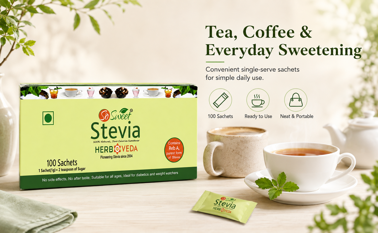 So Sweet Stevia Sachets - Sugar-Free, Natural Low-Calorie Sweetener, 100 Sachets, Ideal for Coffee, Tea, and Cooking, Diabetic & Keto Friendly, Zero Calories, Convenient for Everyday Use