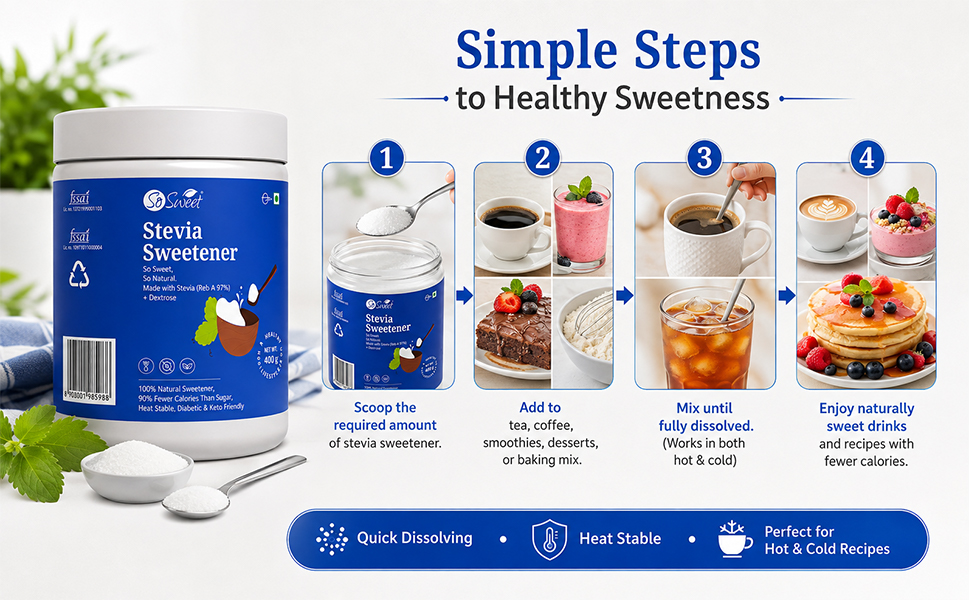 So Sweet Stevia Sugar Free Natural Sweetener - 400gm, Diabetic Friendly, Perfect for Baking, Cooking, 100% Natural