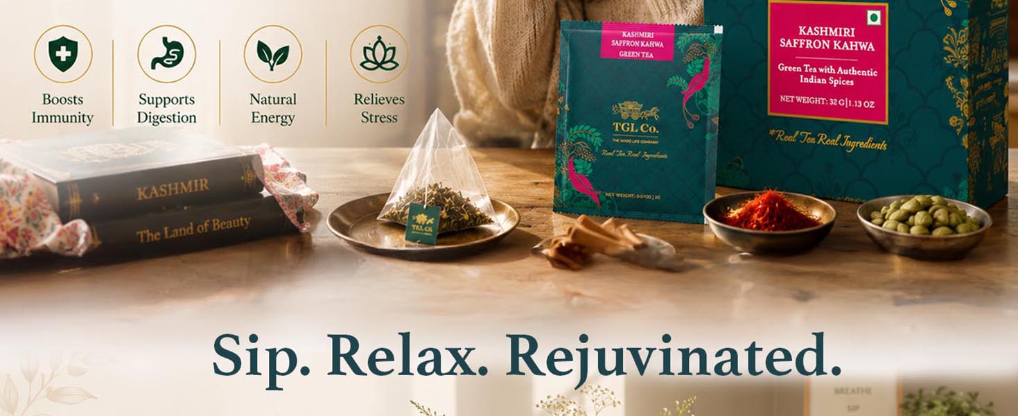 TGL Co. Kashmiri Saffron Kahwa Green Tea (16 Tea Bags) | Saffron-Infused Aromatic Blend | Boosts Immunity & Energy | Supports Digestion | Relieves Stress | Rich & Exotic Flavor (Pack of 2)
