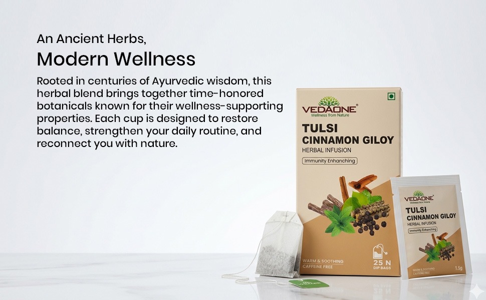 VEDAONE Tulsi Cinnamon Giloy Herbal Infusion (25 Dip Bags)