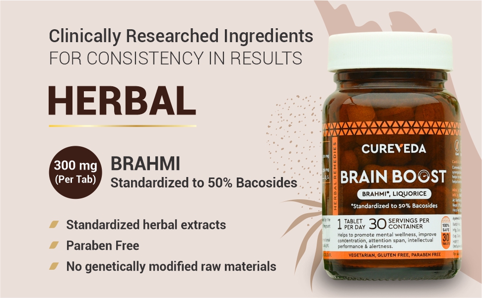 Cureveda Herbal Brain Boost Tablet for Brain & Memory Wellness | Extracted with Brahmi and Liquorice | Improves Learning, Memory Retention | Vegetarian | Gluten & Paraben Free (30 Tablets)