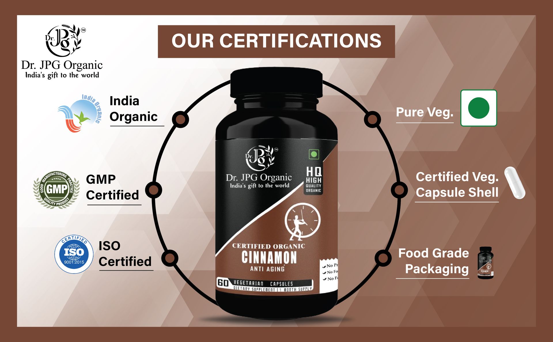 Dr. JPG Organic Cinnamon Capsules 60 Veg. Capsules/INDIA ORGANIC Certified (Pack Of 2)