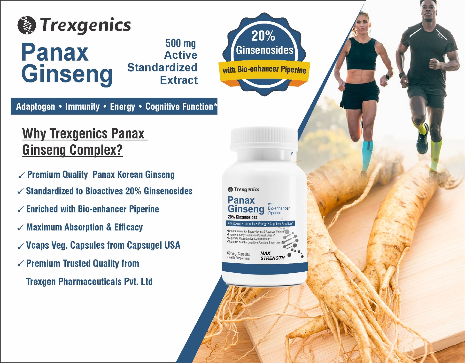 Trexgenics PANAX (Red/Korean) GINSENG 20% Ginesenosides 500mg Premium with Bio-enhancer Piperine 5mg Adaptogen, Immunity, Energy, Cognitive Function(60 Vcaps) (2)