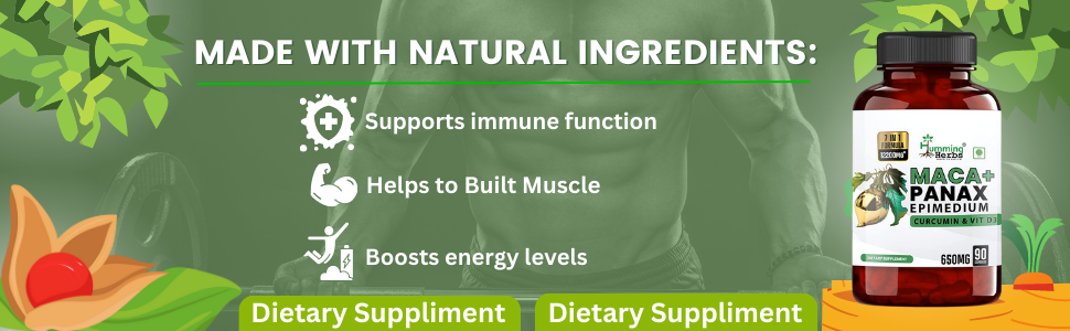 Humming Herbs Maca with Panax Ginseng Supplements 7200mg | Maca Root Extract Powder | Increase Stamina and Build Muscle - 90 Capsules