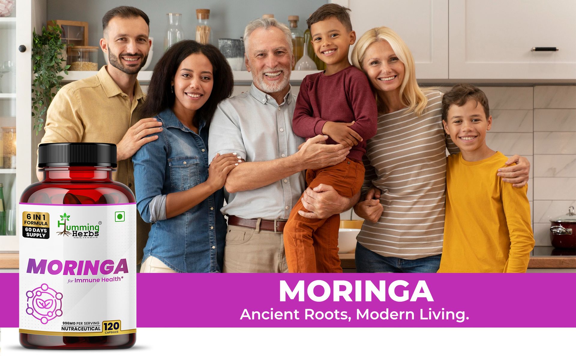 Humming Herbs Moringa with Resveratrol, Astaxanthin, Glutathione, Vitamin C & Folic Acid | 996mg 6-in-1 Immune & Antioxidant Support | 120 Capsules | 60 Days Supply | Herbal Supplement