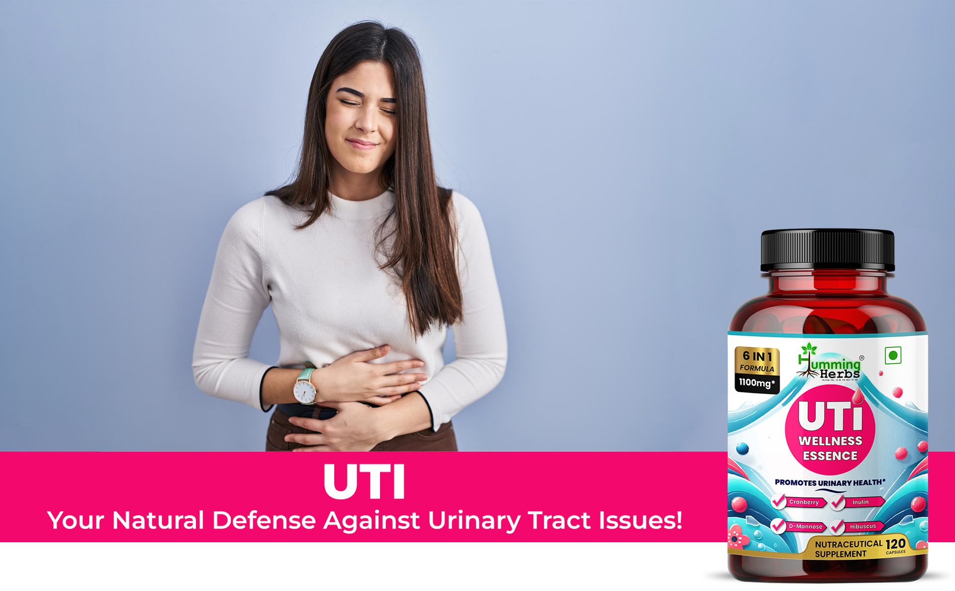 Humming Herbs Urinary Tract Wellness 6-in-1 with D-Mannose, Cranberry, Hibiscus, Probiotics & Prebiotic Inulin – Urinary Comfort & Cleansing Support – 120 Veg Capsules