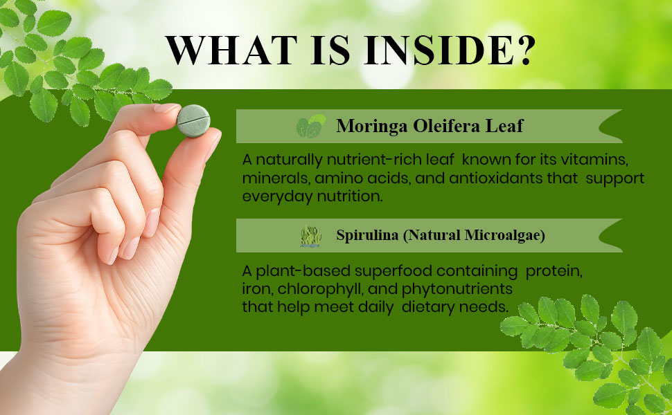 Grenera Moringa Spirulina Tablet-120 Tablets | Made with Pure Moringa and Spirulina Powder | Natural super food | Non-GMO, Gluten free