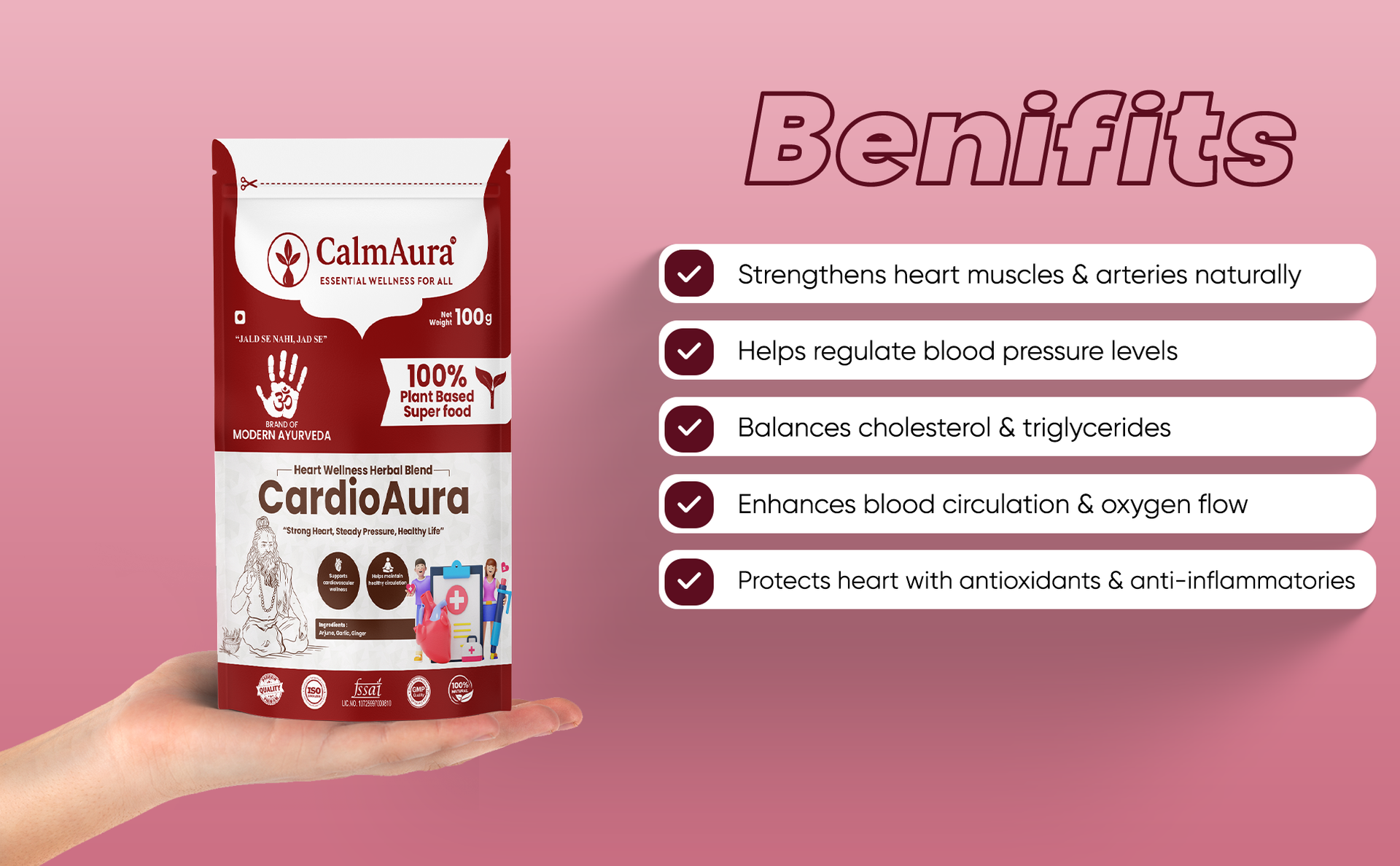CalmAura CardioAura Ayurvedic Heart Wellness Powder 100g | Herbal Cardiovascular Support for Circulation Vitality & Lipid Balance with Arjuna Garlic Ginger | Vegan