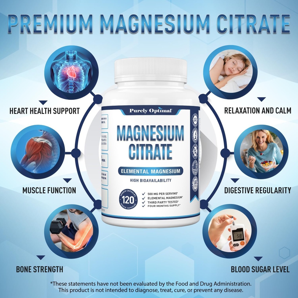 Purely Optimal Magnesium Citrate 500mg – Magnesium Supplement for Digestive Health, Gentle Constipation Relief, Muscle & Sleep Support, Calm & Relaxation – High Absorption, 120 Easy-to-Swallow Caps 4