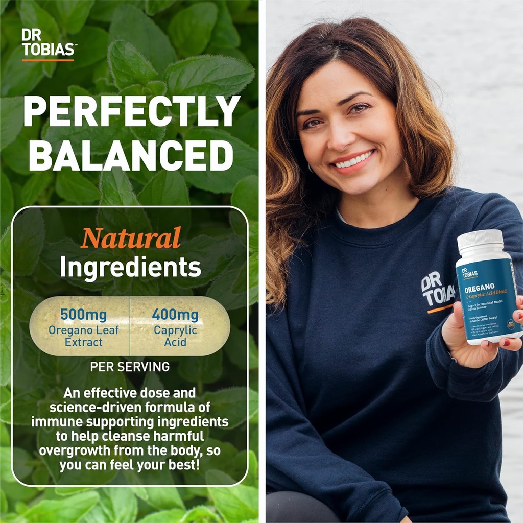 Dr. Tobias Oregano and Caprylic Acid Blend, Gut Flora Balance Complex with Probiotics & Enzymes for Intestinal and Immune Support, Gut Health Supplements for Women & Men, 120 Capsules, 60 Servings 3