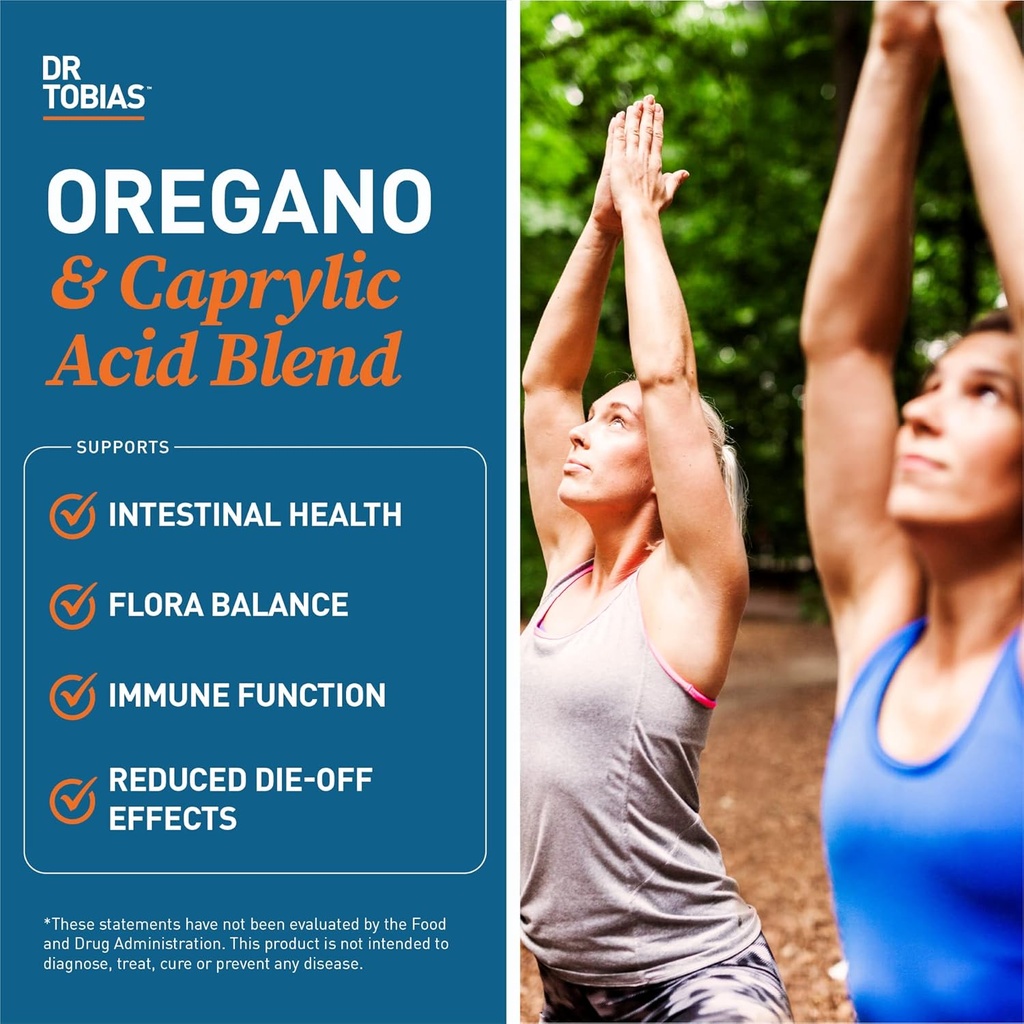 Dr. Tobias Oregano and Caprylic Acid Blend, Gut Flora Balance Complex with Probiotics & Enzymes for Intestinal and Immune Support, Gut Health Supplements for Women & Men, 120 Capsules, 60 Servings 4