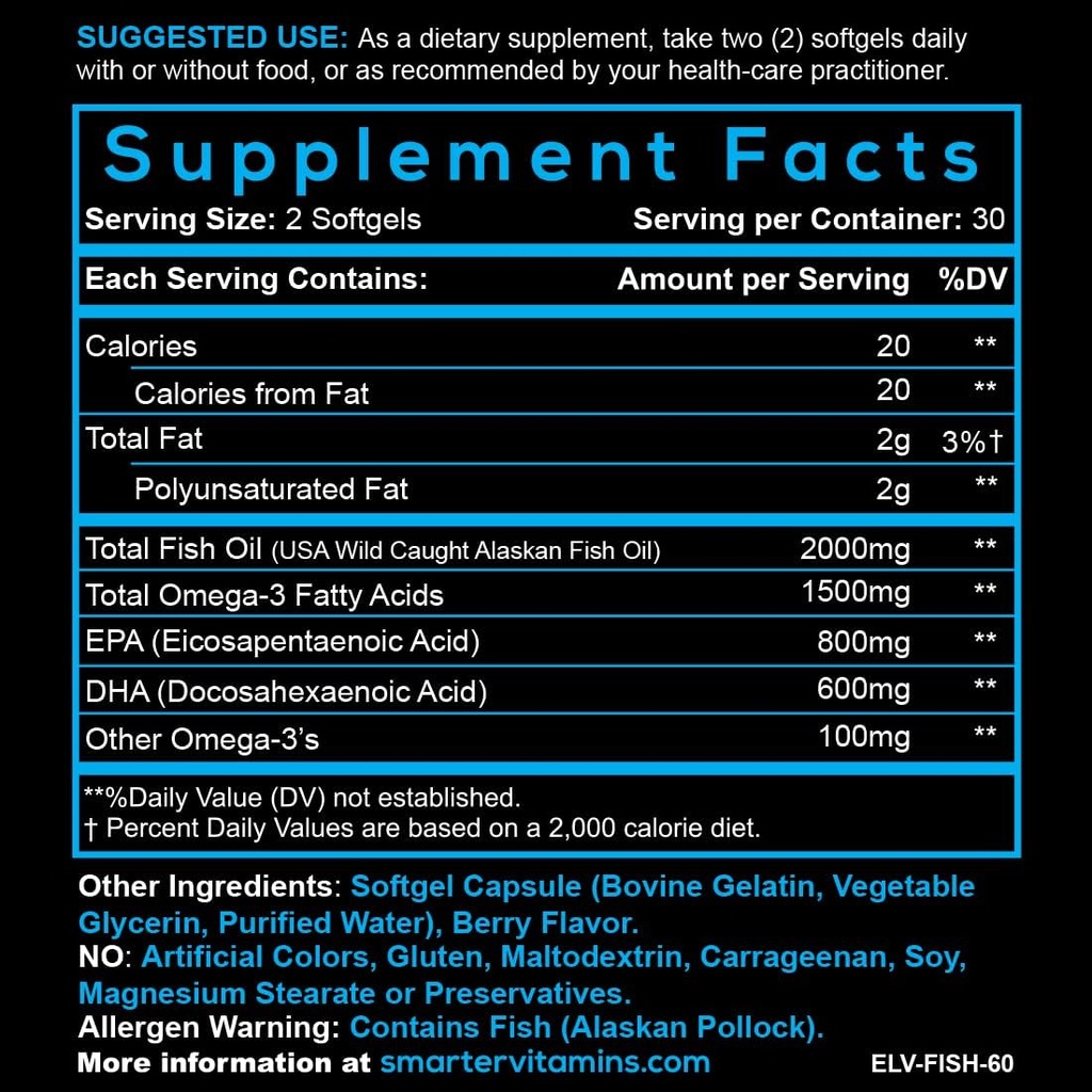 (2 Pack) Smarter Omega 3 Fish Oil, Berry Flavor, Burpless, Tasteless, 2000mg, Potent Triple Strength DHA EPA Brain OMEGA3, Made with AlaskOmega® 6
