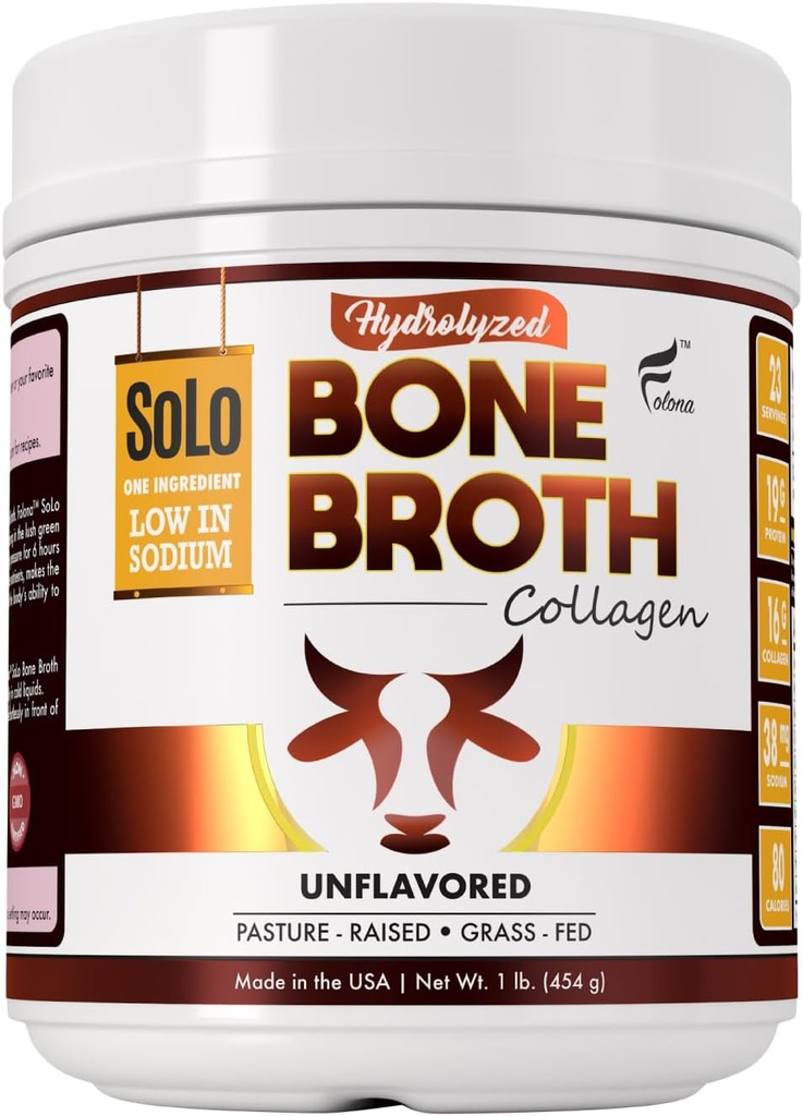 Solo Bone Broth Protein Collagen Powder Low Sodium, 16g Hydrolyzed Collagen Type I & III, for Healthy Skin, Nails, Hair, Joints & Digestion, Grass Fed, 1 lb (Canister - Net Wt. 1 lb. Powder) 2