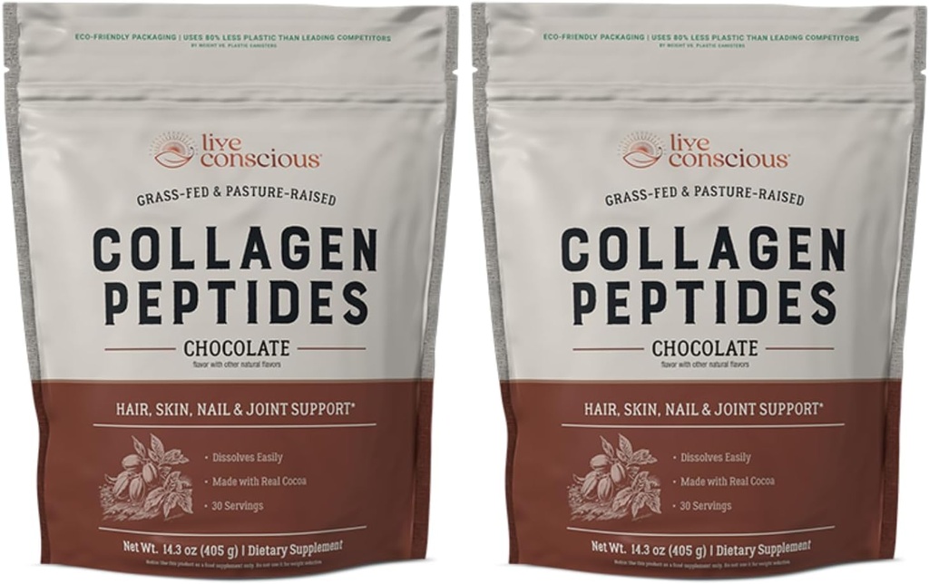 Live Conscious Collagen Peptides Powder - Chocolate Collagen Powder - Hair, Skin, Nail, and Joint Support - Type I & III Grass-Fed Collagen Supplements for Women and Men (2-Pack) 2