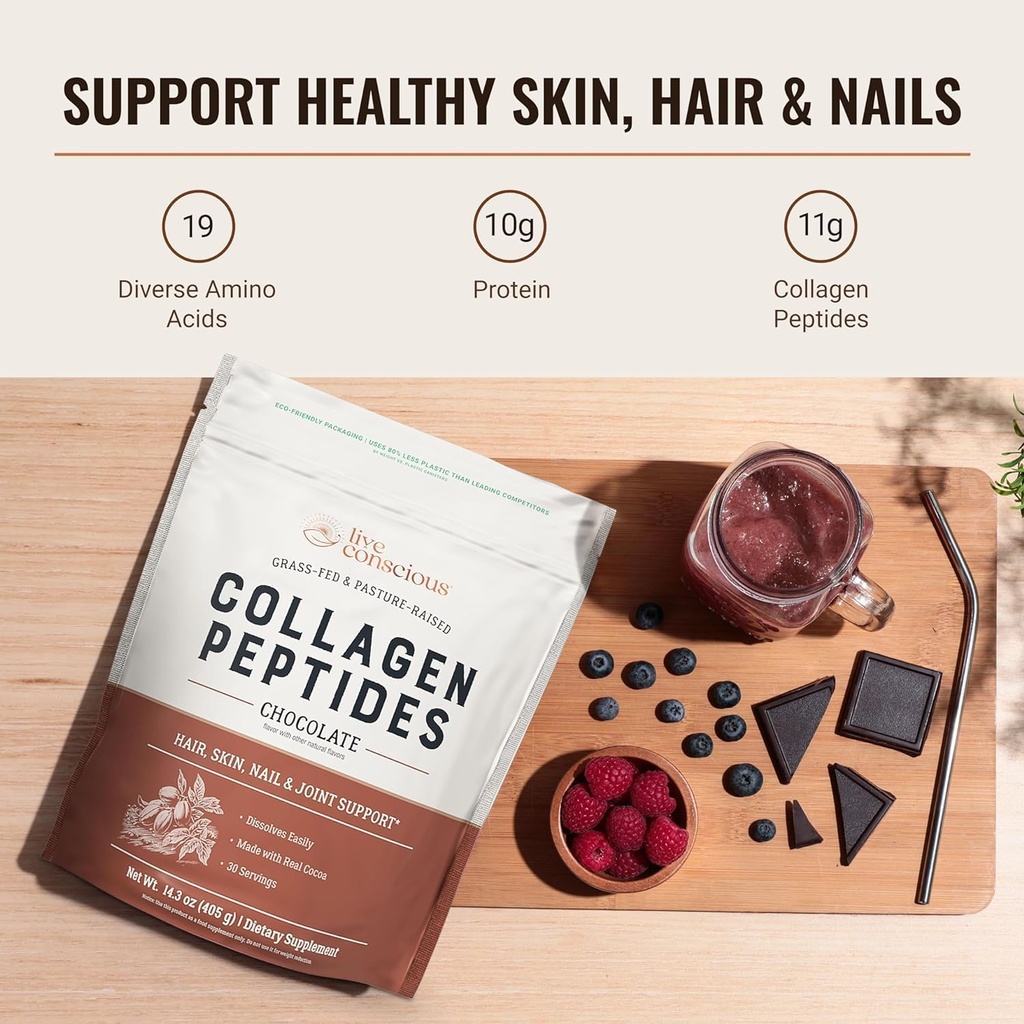Live Conscious Collagen Peptides Powder - Chocolate Collagen Powder - Hair, Skin, Nail, and Joint Support - Type I & III Grass-Fed Collagen Supplements for Women and Men (2-Pack) 3