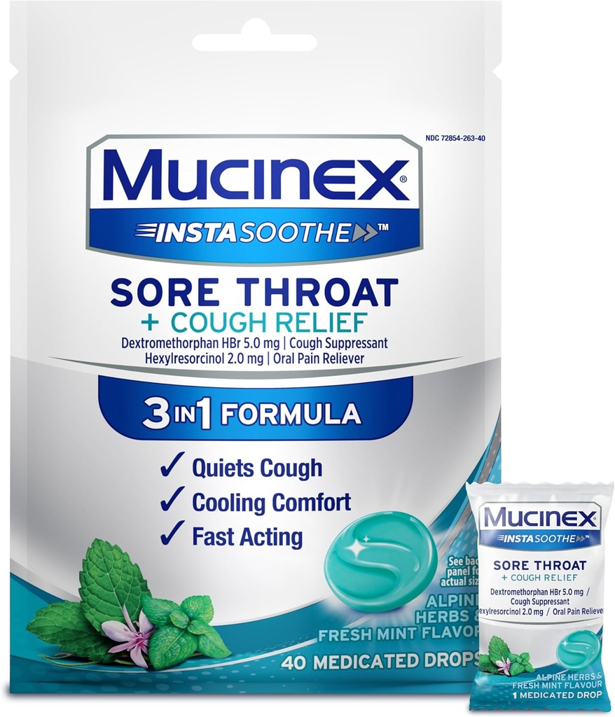 Mucinex InstaSoothe Sore Throat + Cough Relief Alpine Herbs & Mint Flavor, Fast Acting, Cooling Comfort, Powerful Sore Throat Oral Pain Reliever, 40 Medicated Drops 2