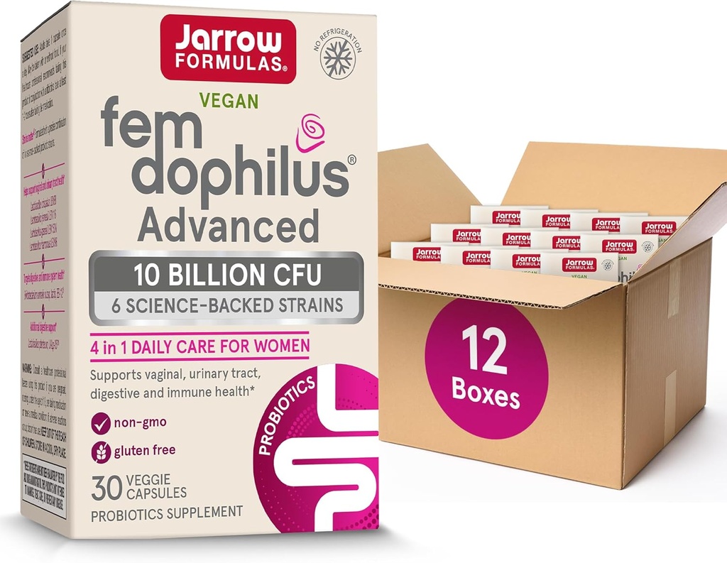 Jarrow Formulas Fem-Dophilus Advanced Probiotics 10 Billion CFU with 6 Science-Backed Strains, for Vaginal, Urinary Tract, Digestive, and Immune Support, 30 Veggie Capsules, Shelf-Stable, Pack of 12 2