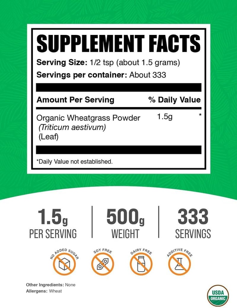 BulkSupplements.com Organic Wheatgrass Powder - Organic Super Greens Powder, Superfoods Supplement - Vegan & Gluten Free, 1.5g per Serving, 500g (1.1 lbs) (Pack of 1) 3