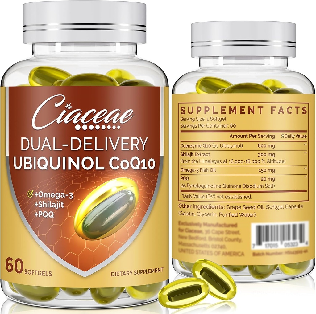 Ubiquinol CoQ10 600 MG Softgels with Omega-3 & Shilajit & PQQ, Advanced Dual-Delivery Coenzyme-Q10, Active CoQ10 Ubiquinol Supplement for Fertility, Antioxidant, Heart, Brain & Energy, 120 Servings 2