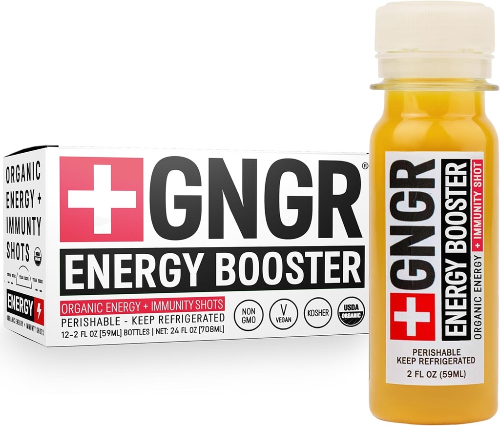 +GNGR Energy Booster & Immunity Shot, Cold-Pressed Ginger Shots with Lions Mane, 75mg of Natural Caffeine Green Tea, Turmeric Root, Vitamin D & Zinc for All Natural Immune Support (2 Oz, Pack of 12) 2