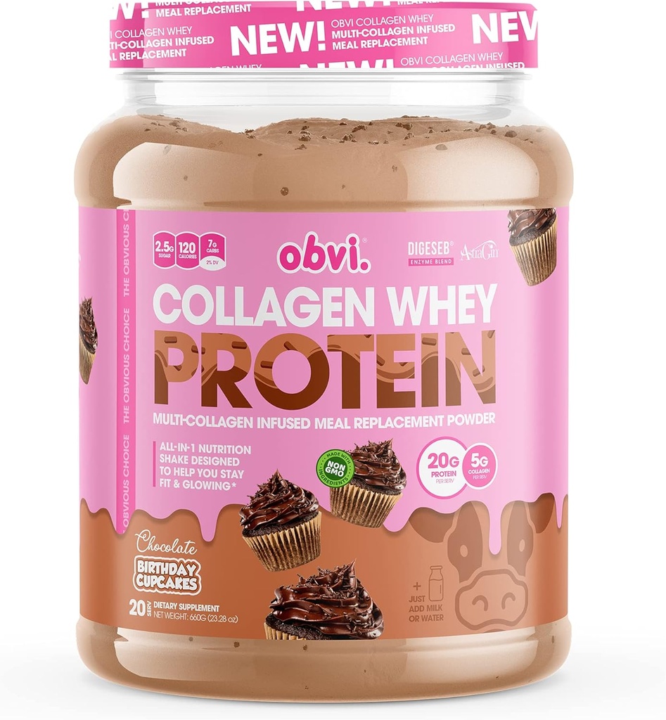 Obvi Collagen Whey Protein Powder | Post Workout Shake, Supports Muscle Growth, Healthy Hair, Skin, Nails, Joints, Gut | Multi-Collagen Infused Meal Replacement | Chocolate Bday Cupcakes, 20 Servings 2