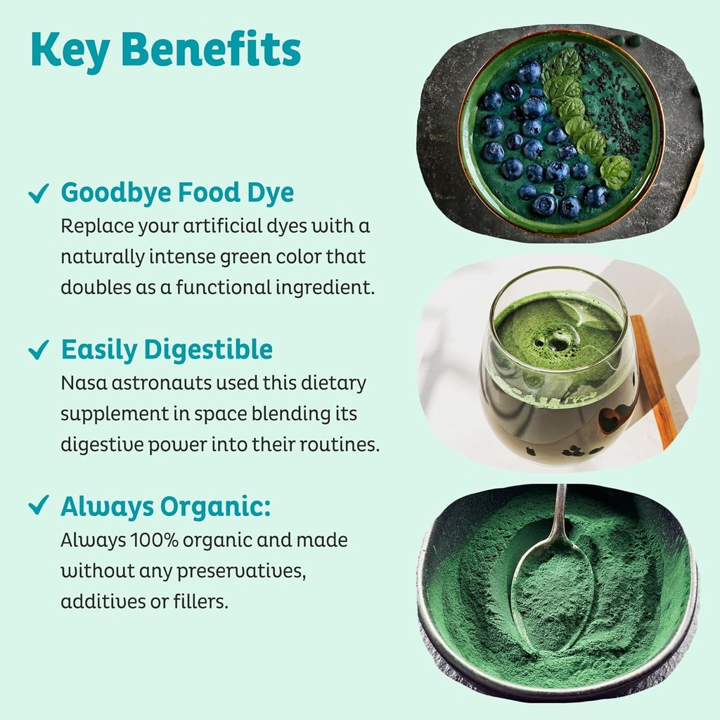 KOS USDA Organic Spirulina Powder, Natural Taste - 100% Pure, Non-Irradiated Vegan Green Blue Spirulina Superfood Powder, Plant Based - Rich in Protein, Vitamins, Antioxidants & Fiber, 60 Servings Bag 4