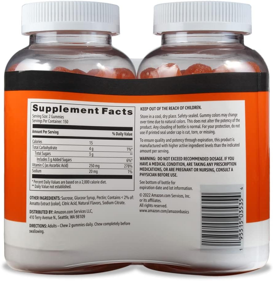 Basics - Vitamin C, 250 mg Gummies, Orange, 300 Count (2 Packs of 150), 2 per Serving (Previously Solimo) 3