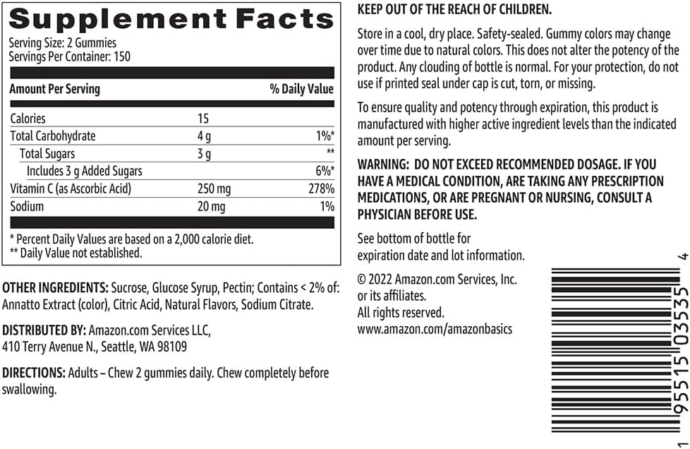 Basics - Vitamin C, 250 mg Gummies, Orange, 300 Count (2 Packs of 150), 2 per Serving (Previously Solimo) 6
