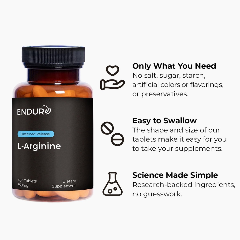 Endur L-Arginine, Healthy Blood Flow & Heart Function Supplement, Supports Exercise Performance & Immune Health, Gluten Free, 350mg (400 Tablets) 6